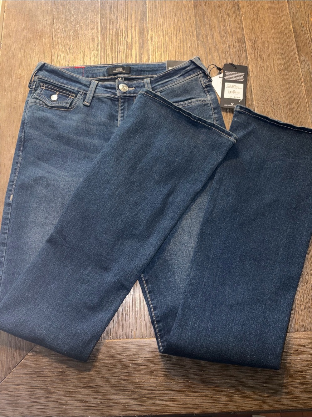 Women’s sz28 True Religion Dark Glacial Becca Crystal Flap Bootcut Jeans NWT